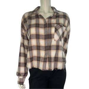 FADED ROSE CROP BROWN BEIGE & BLACK LONG SLEEVE BUTTON DOWN FLANNEL SIZE XL